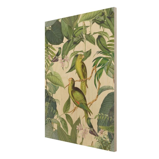 Vintage wood prints Vintage Collage - Parrots In The Jungle