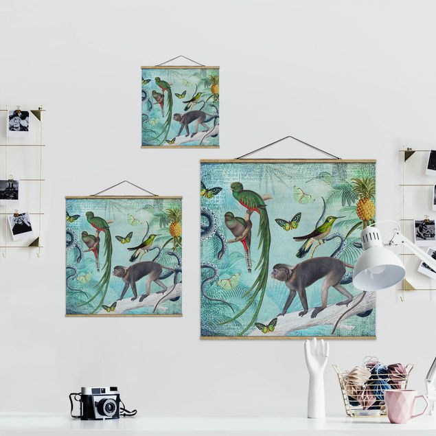 Prints green Colonial Style Collage - Monkeys And Birds Of Paradise