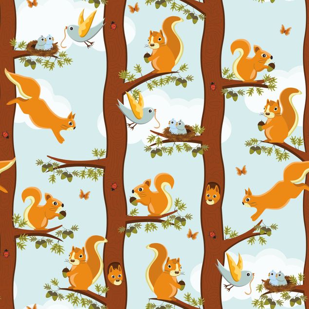 Adhesive films for furniture cabinet Cute Kids Pattern With Squirrels And Baby Birds