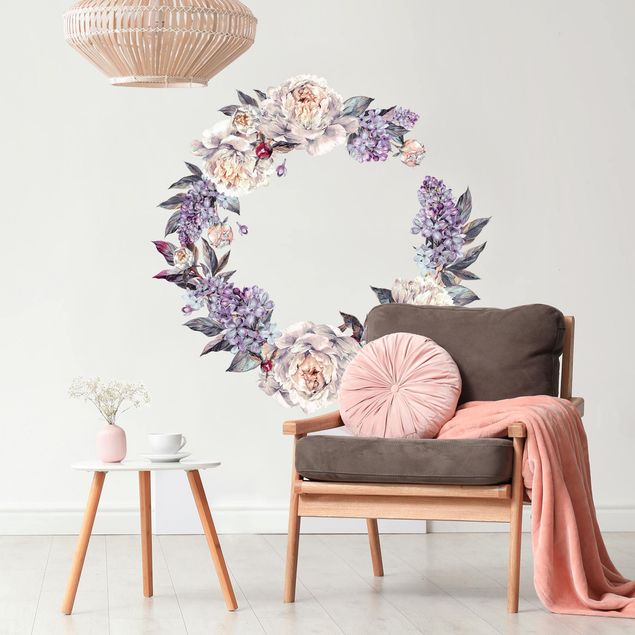 Red rose wall stickers Watercolour Lilac Peonies Wreath XXL