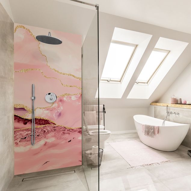 Shower wall panels Abstract Mountains Pink With Golden Lines