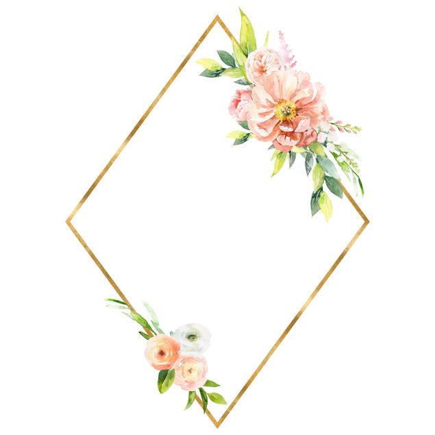 Floral wall stickers Watercolour Pink Flowers Gold Frame XXL