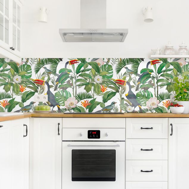 Kitchen splashback patterns Tropical Toucan With Monstera And Palm Leaves