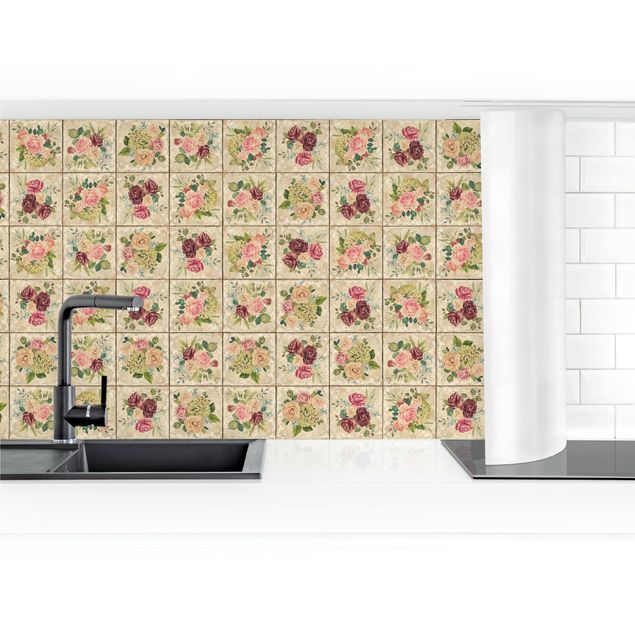 Kitchen splashback tiles Vintage Roses And Hydrangeas