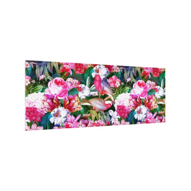 Glass splashback flower Colourful Tropical Flowers With Birds Pink