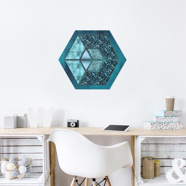 Prints modern Blue Hexagon With Gold Outline