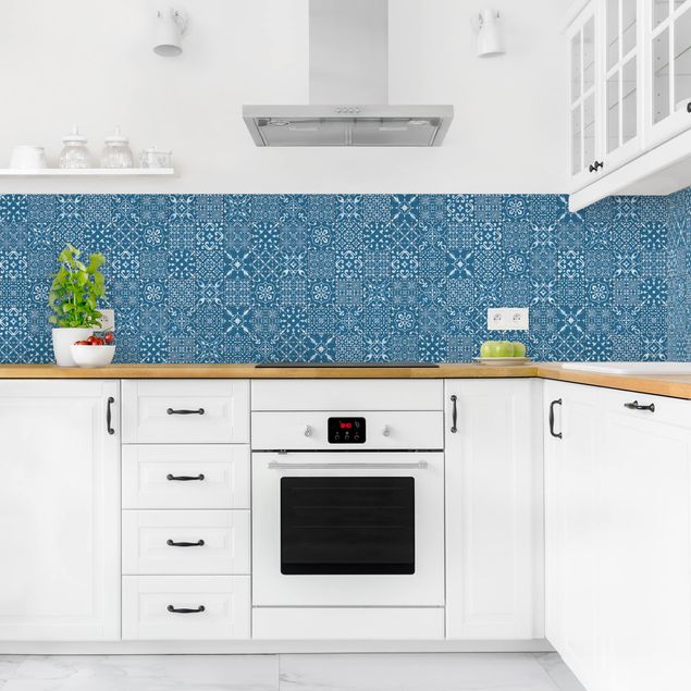 Kitchen splashback tiles Patterned Tiles Navy White
