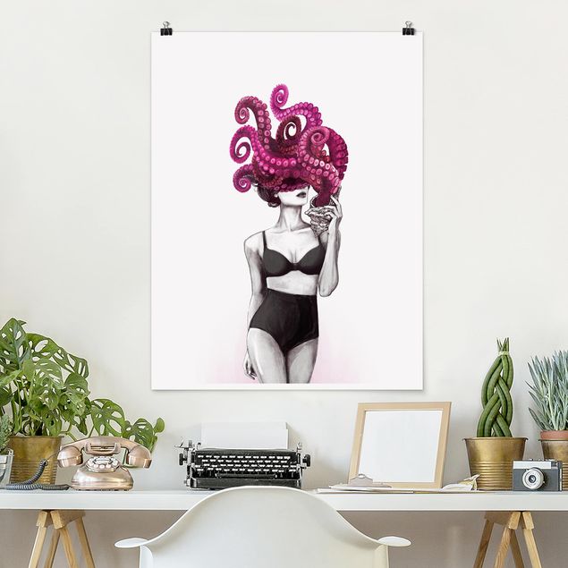 Prints fishes Illustration Woman In Underwear Black And White Octopus