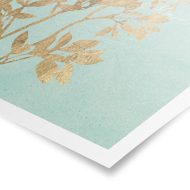Turquoise prints Golden Leaves On Turquoise I