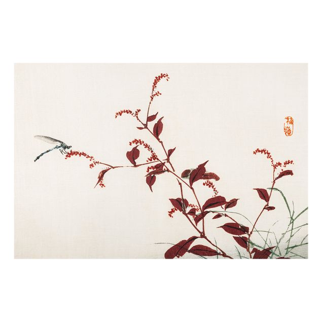 Glass splashback Asian Vintage Drawing Red Branch With Dragonfly
