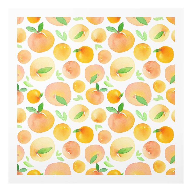 Glass splashback kitchen Watercolour Oranges With Leaves In White Frame