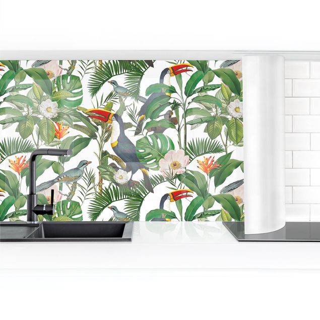 Kitchen splashback animals Tropical Toucan With Monstera And Palm Leaves II