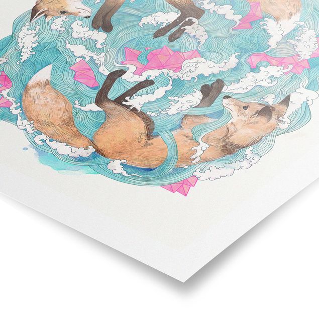 Turquoise canvas wall art Illustration Foxes And Waves Painting