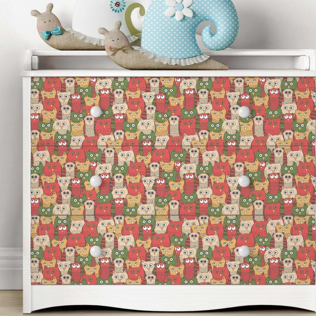 Adhesive films for furniture frosted Pattern With Funny Owls Red