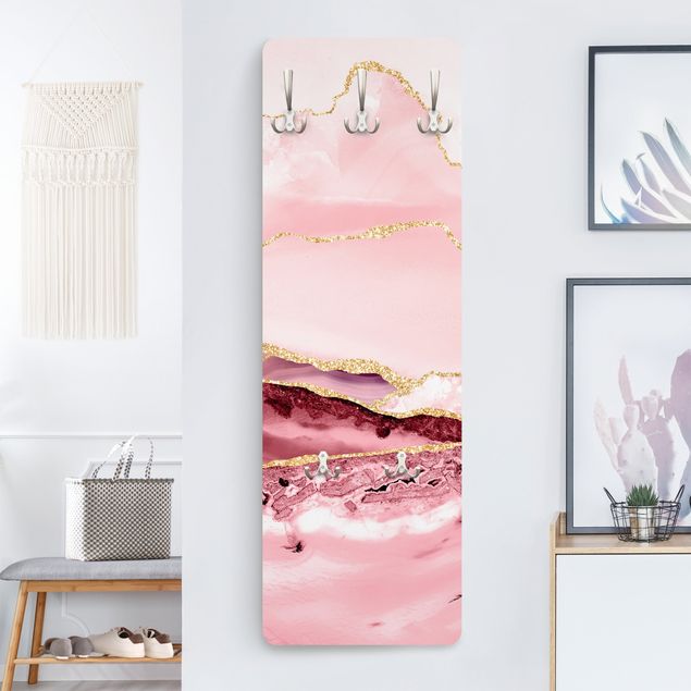 Wall mounted coat rack patterns Abstract Mountains Pink With Golden Lines
