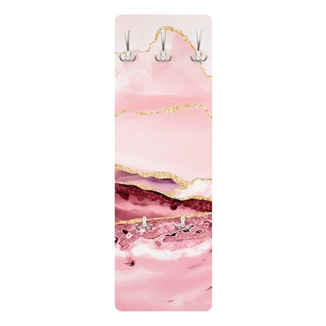 Wall coat rack Abstract Mountains Pink With Golden Lines