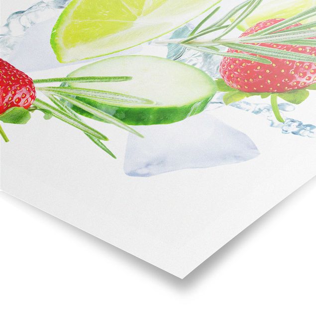 Poster print Strawberries Lime Ice Cubes Splash
