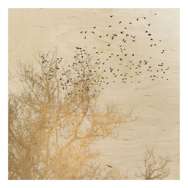 Wood prints landscape Flock Of Birds In Front Of Golden Tree