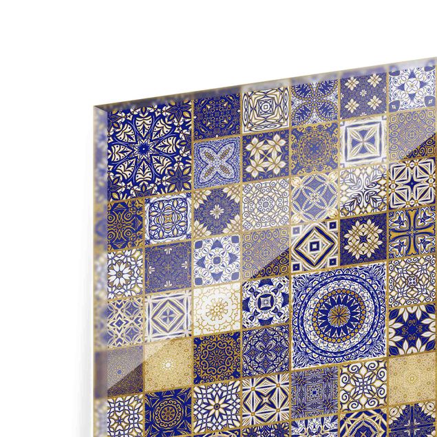 Glass splashback kitchen Oriental Tiles Blue With Golden Shimmer