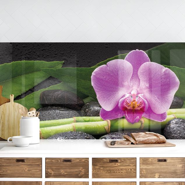 Kitchen splashback flower Green Bamboo With Orchid Flower