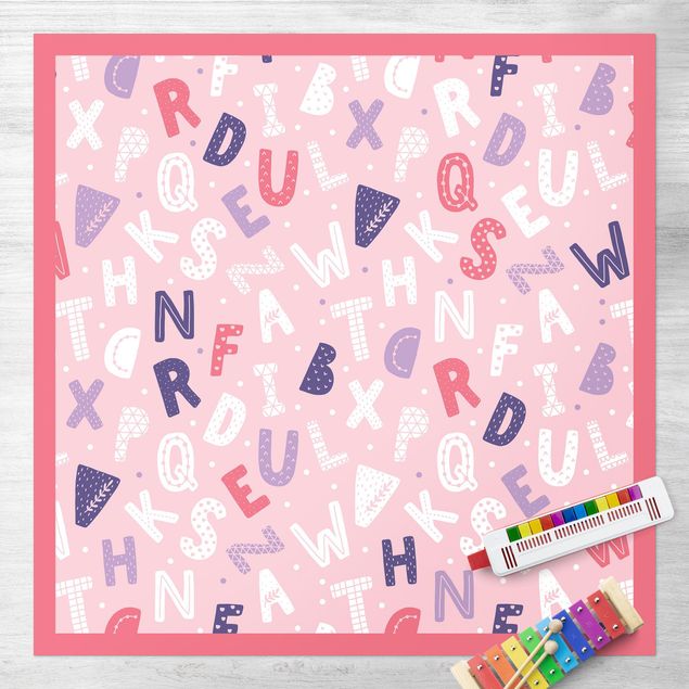 outdoor mat Alphabet With Hearts And Dots In Light Pink With Frame
