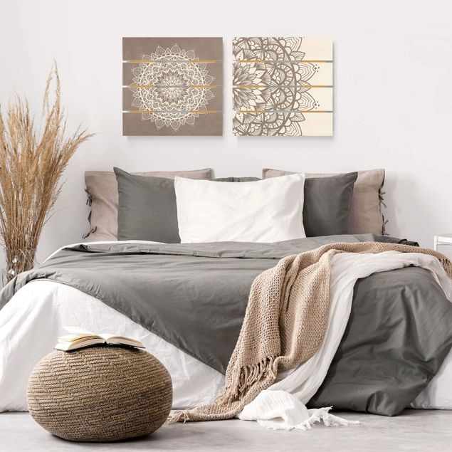 Wood photo prints Mandala Illustration Shabby Set Beige White