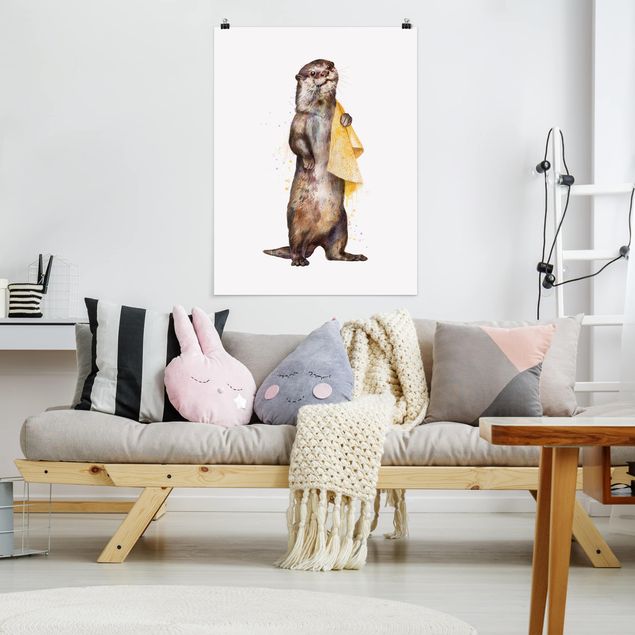 Art posters Illustration Otter With Towel Painting White