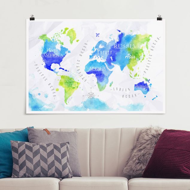 Kitchen World Map Watercolour Blue Green