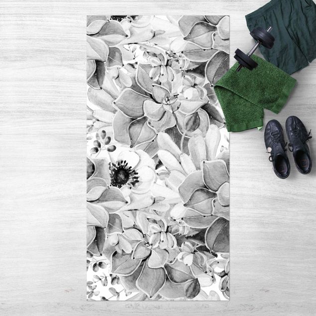 Outdoor rugs Watercolour Succulent With Flower In Black And White