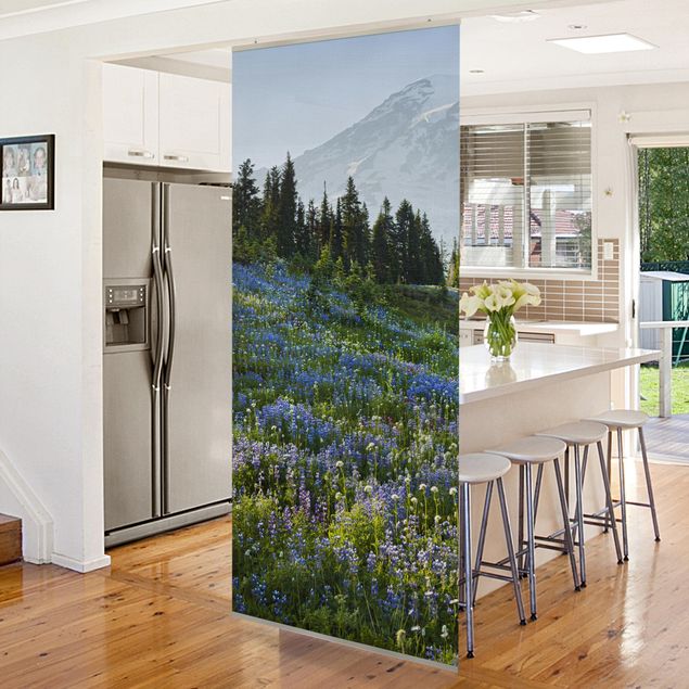 Room dividers Mountain Meadow With Blue Flowers in Front of Mt. Rainier