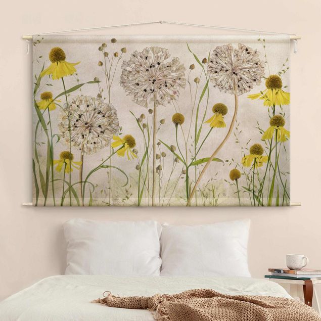 vintage tapestry wall hanging Allium And Helenium Illustration