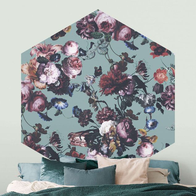 Rose flower wallpaper Old Masters Flowers With Tulips And Roses On Blue