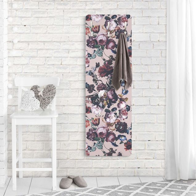 Wall mounted coat rack country Old Masters Flowers With Tulips And Roses On Pink