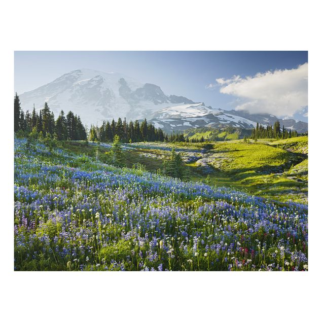 Landscape wall art Mountain Meadow With Blue Flowers in Front of Mt. Rainier