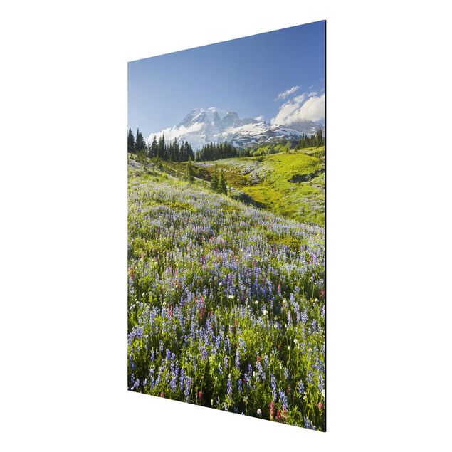 Mountain wall art Mountain Meadow With Red Flowers in Front of Mt. Rainier