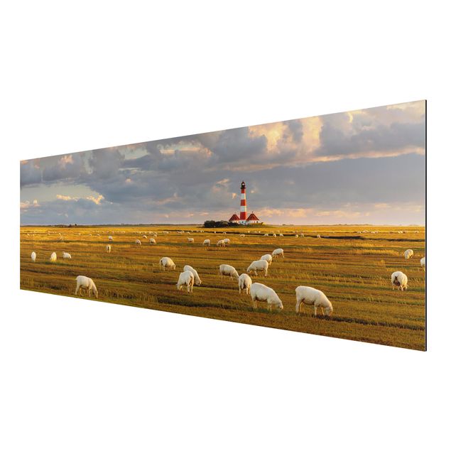 Beach prints North Sea Lighthouse With Flock Of Sheep