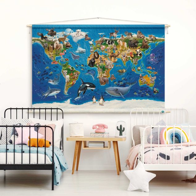 modern wall tapestry Animal Club International - World Map With Animals