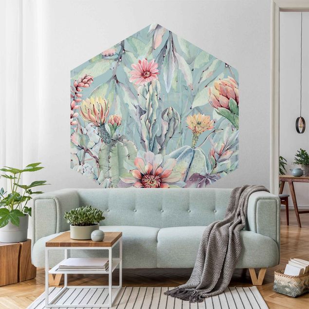Wallpapers modern Watercolour Blooming Cacti Bouquet