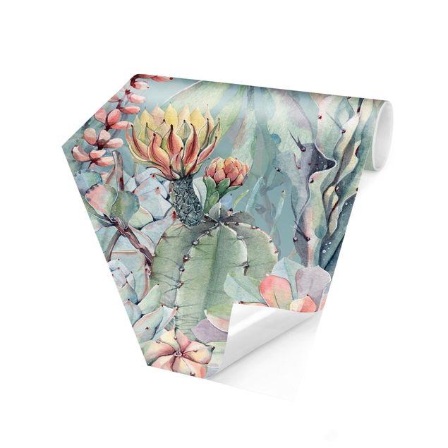 Wallpapers green Watercolour Blooming Cacti Bouquet