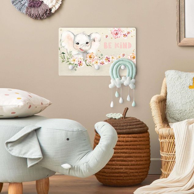 Wall mounted coat rack animals Watercolour Elephant - Be Kind