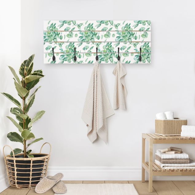 Wall mounted coat rack wood Watercolour Eucalyptus Bouquet Pattern