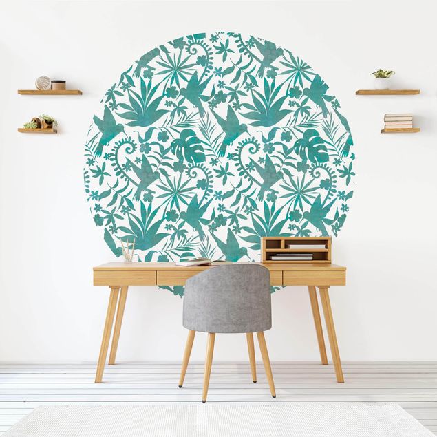 Wallpapers birds Watercolour Hummingbird And Plant Silhouettes Pattern In Turquoise