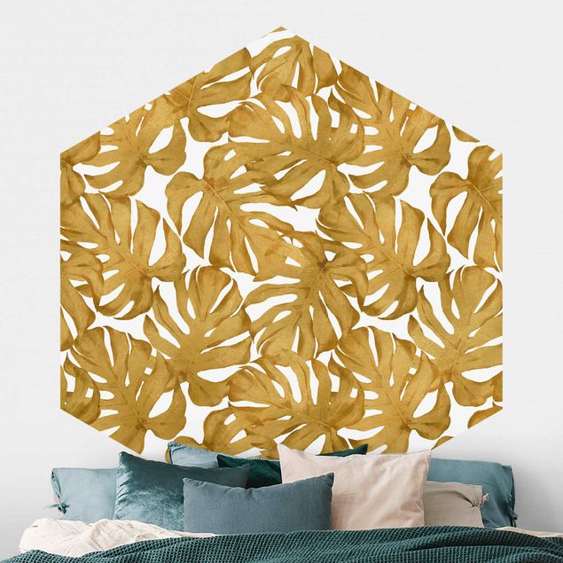 Kitchen Watercolour Monstera Leaves In Gold