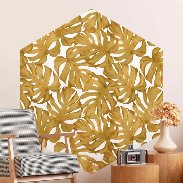 Floral wallpaper Watercolour Monstera Leaves In Gold