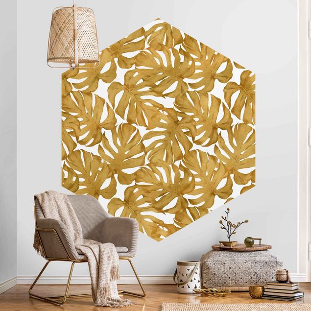 Contemporary wallpaper Watercolour Monstera Leaves In Gold