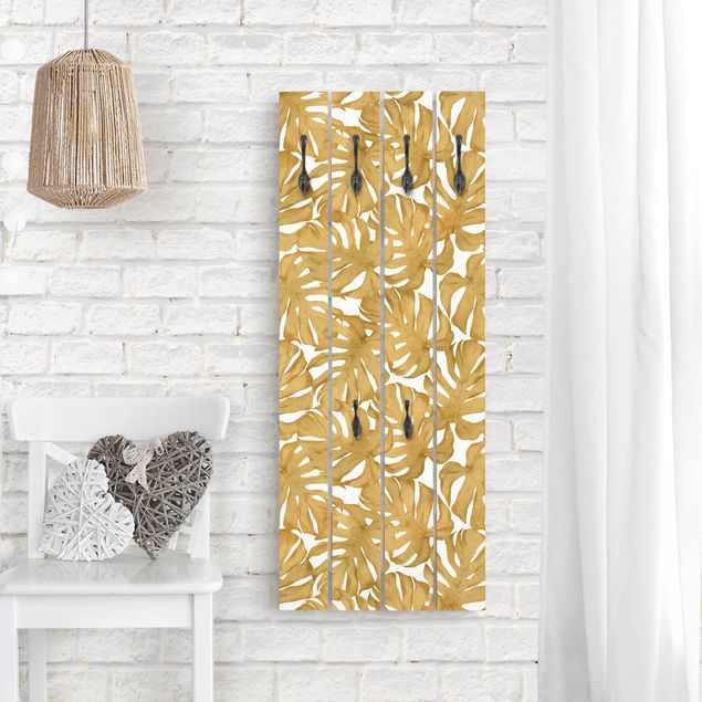 Wall mounted coat rack flower Watercolour Monstera Leaves In Gold