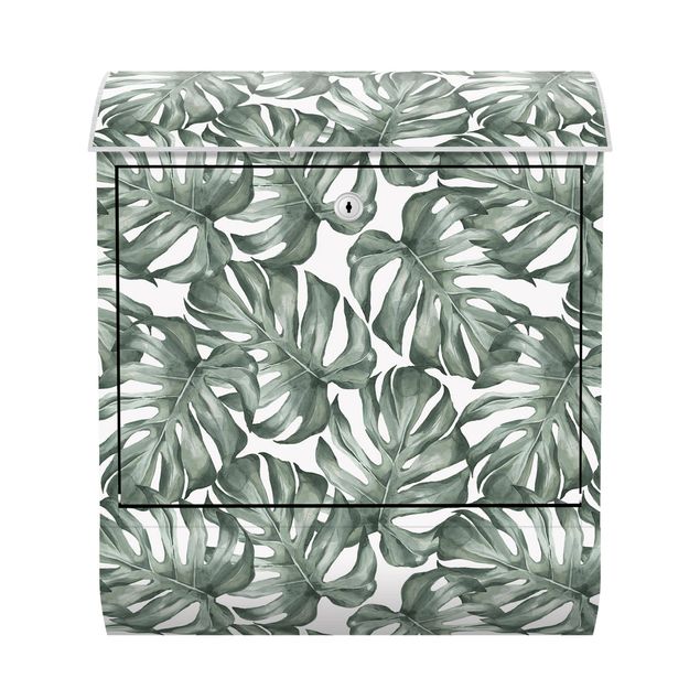 Letterboxes green Watercolour Monstera Leaves In Green