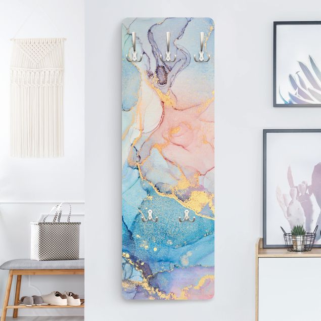 Wall mounted coat rack multicoloured Watercolour Pastel Colourful With Gold