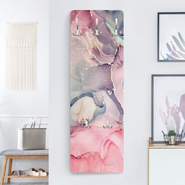 Wall mounted coat rack Watercolour Pastel Pink With Gold