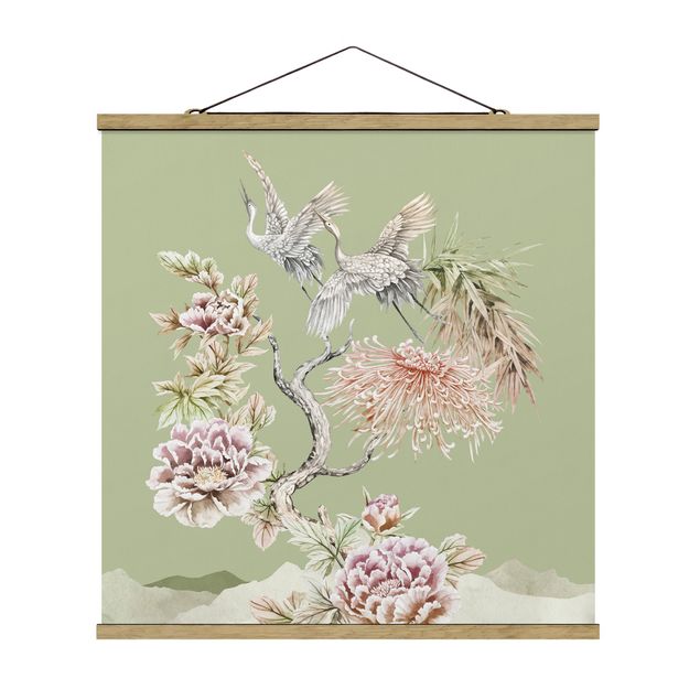 Floral picture Watercolour Storks In Flight With Flowers On Green